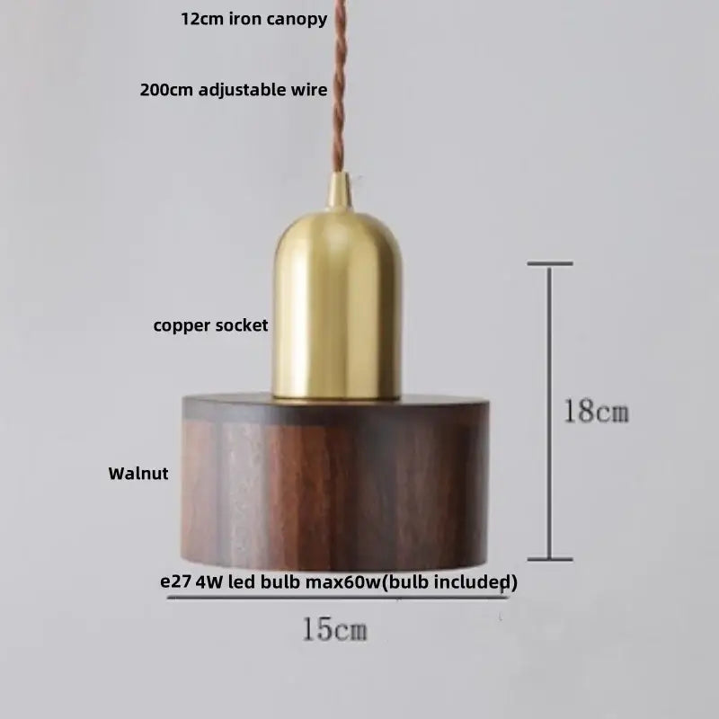 A decorbites led pendant lamp featuring a polished copper socket and dark walnut wood base in japan style design