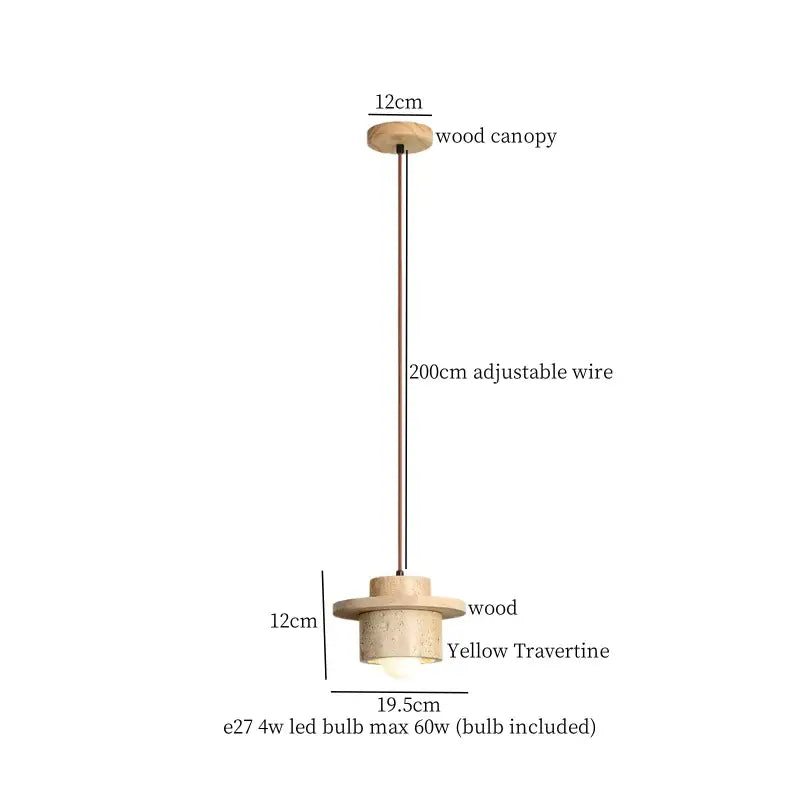 Minimalist decorbites led pendant lamp with natural wood canopy and yellow travertine finish suspended by 200cm wire
