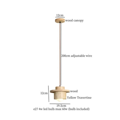 Minimalist decorbites led pendant lamp with natural wood canopy and yellow travertine finish suspended by 200cm wire