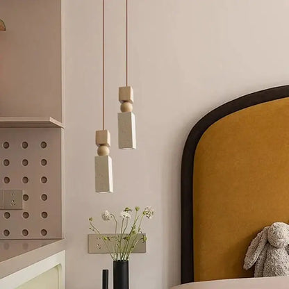 Minimalist decorbites led pendant light with geometric yellow travertine wood blocks and matte white shades suspended by cords