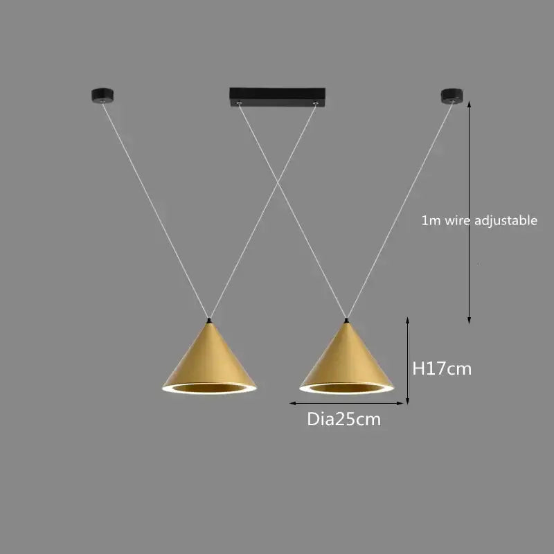 Modern gold cone-shaped pendant light with black mounts and adjustable white wires decorbites led pendant lamp