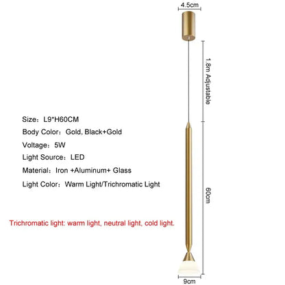 Gold-finished decorbites led pendant light with slender iron and aluminum frame and glass elements for modern interiors