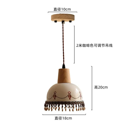Cream ceramic decorbites led pendant lamp with wooden top and base, brown patterns, tassels for modern home lighting