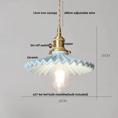 Decorbites led pendant lamp in light blue ceramic with brass copper switch and iron canopy for modern home lighting