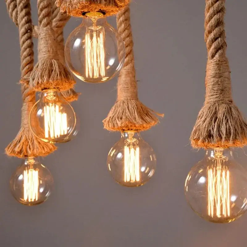 Decorbites™ led pendant light with retro hemp rope and clear glass globes housing glowing filament bulbs for home decor