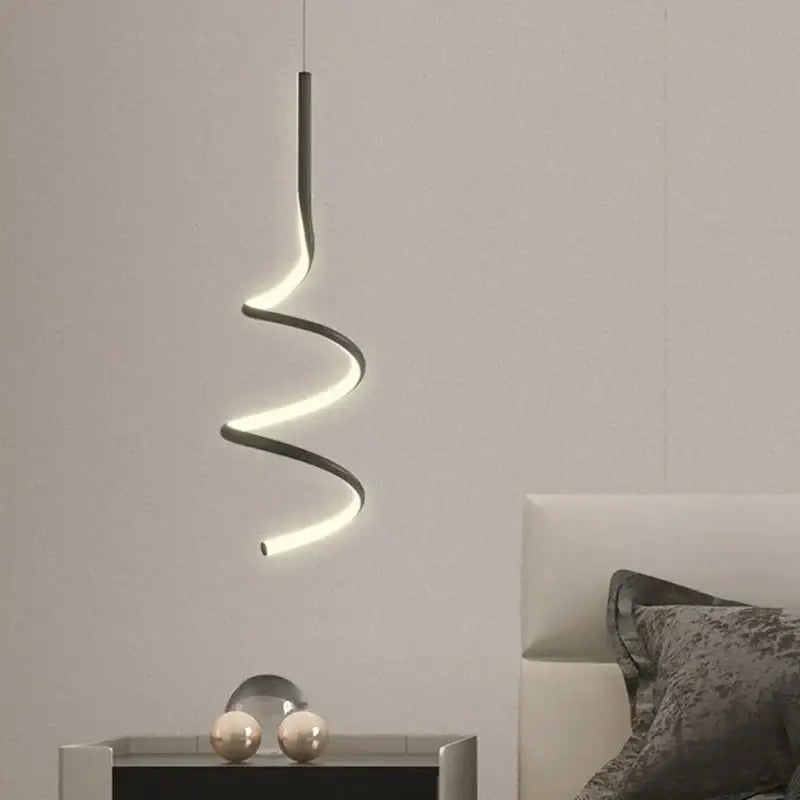 Modern spiral decorbites led pendant lamp with sleek black frame and glowing white led illumination for indoor spaces