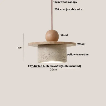 Minimalist decorbites led pendant lamp with round wooden canopy yellow travertine shade and wood sphere accent