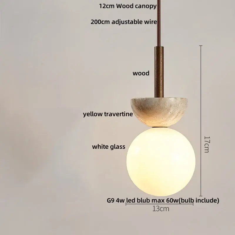 Modern decorbites led pendant lamp with yellow travertine accent, 12cm wood canopy, and white glass globe