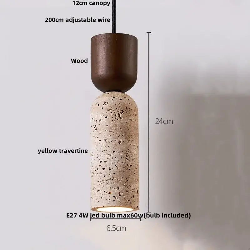 Decorbites led pendant lamp with a dark wood canopy and textured yellow travertine cylindrical shade pendant lamp