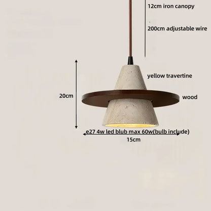 DecorBites led pendant lamp with yellow travertine cone, white glass ball, dark wood ring, and iron canopy
