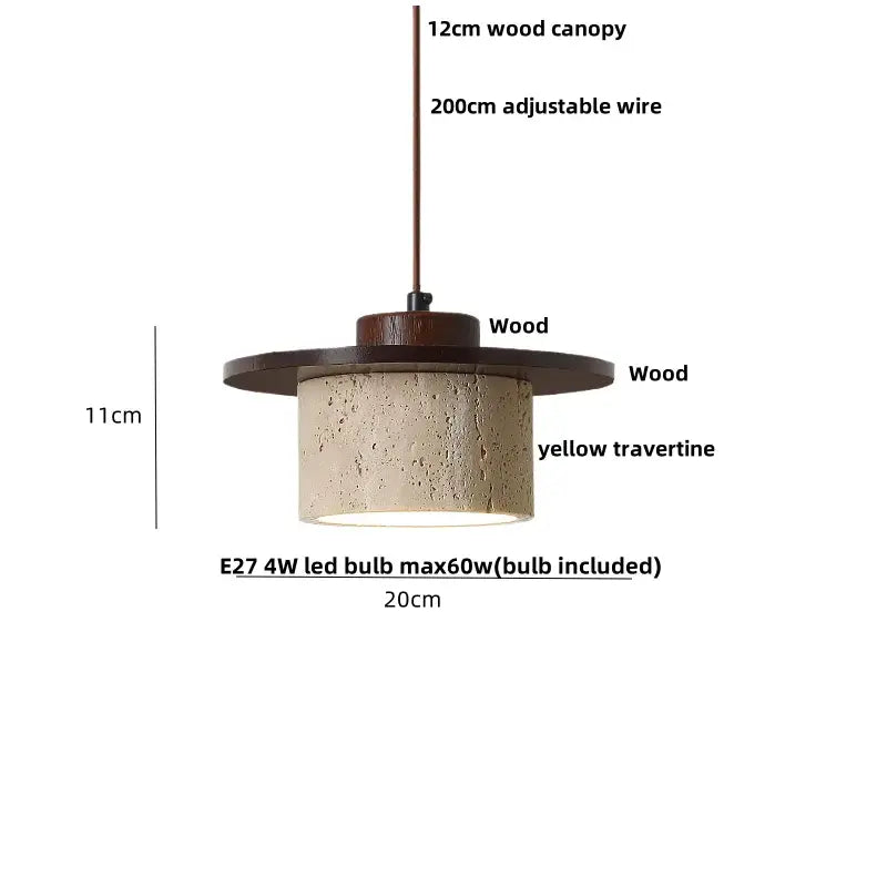 Rustic decorbites led pendant lamp with dark wood canopy and textured yellow travertine shade 12cm diameter