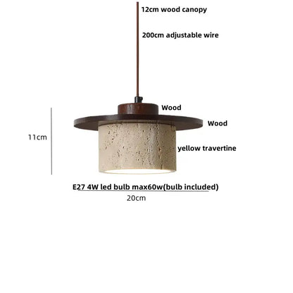 Rustic decorbites led pendant lamp with dark wood canopy and textured yellow travertine shade 12cm diameter