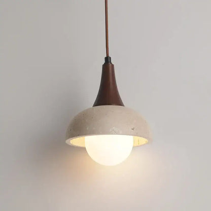 Minimalist decorbites led pendant lamp with matte beige concrete shade, dark brown wooden top, and exposed warm bulb