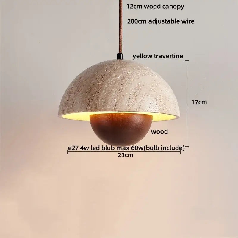 Rustic DecorBites led pendant lamp with yellow travertine dome and brown wood lower half suspended by wire