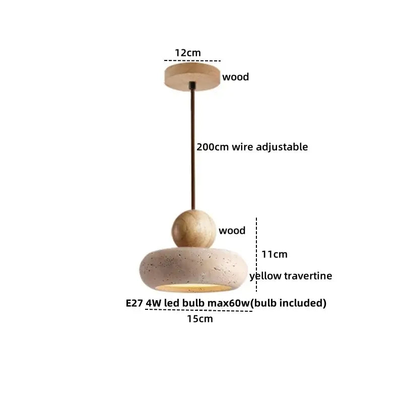 Minimalist decorbites led pendant lamp with yellow travertine shade wooden sphere and adjustable 200cm wire