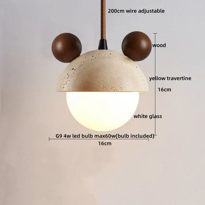 A decorbites led pendant lamp featuring a textured yellow travertine dome, dark brown wooden ears, and a white glass globe