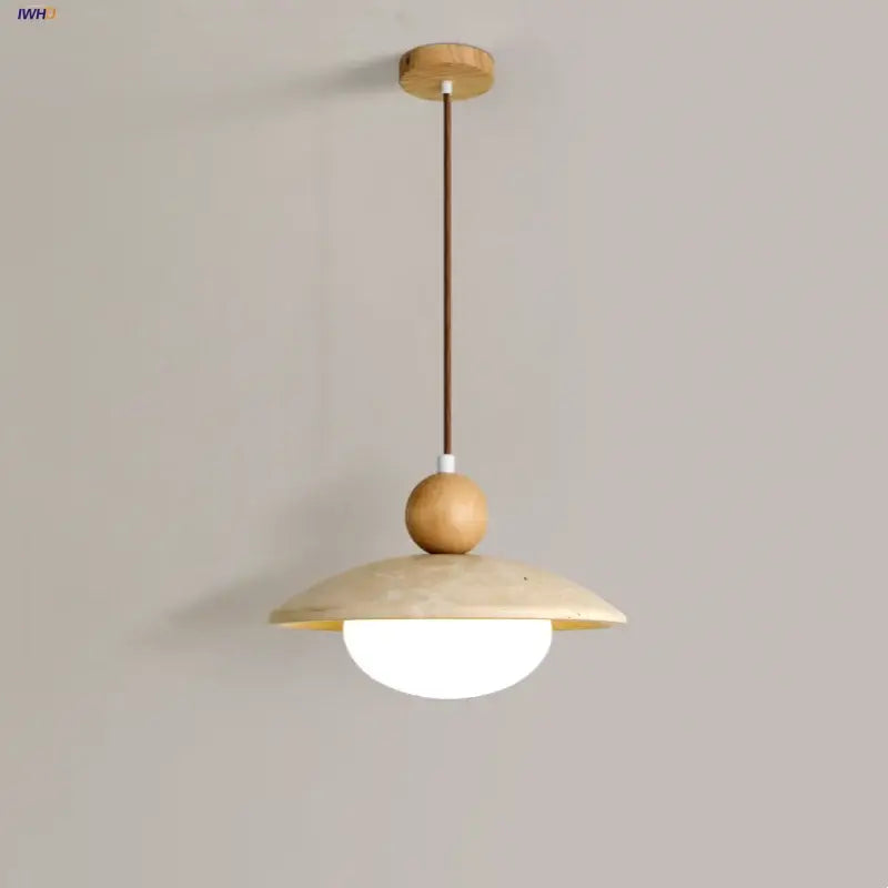 Decorbites led pendant lamp with matte beige glass dome shade, wooden ceiling mount, and adjustable brown cord