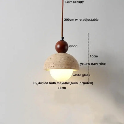 DecorBites led pendant lamp featuring a warm yellow travertine dome, polished wood accent, and white glass bulb