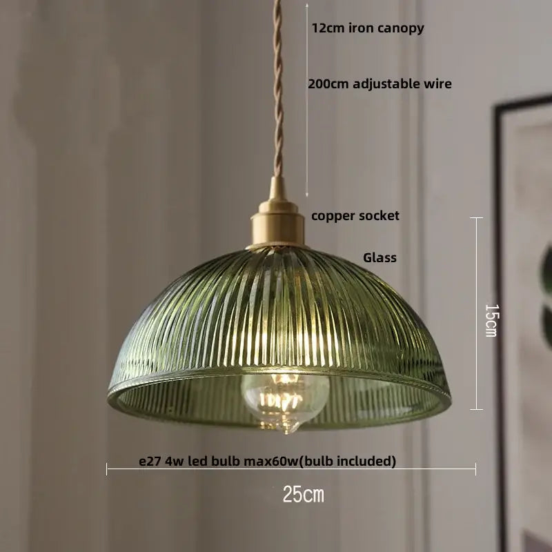 Decorbites led pendant lamp featuring a green ribbed glass pendant light with brass copper socket and adjustable wire