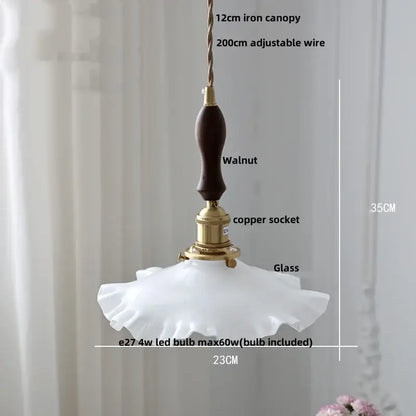 Decorbites led pendant lamp with white glass ruffled shade dark walnut handle and adjustable brass knob switch