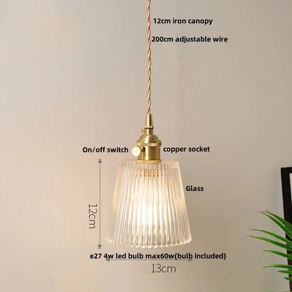 Vintage-style decorbites led pendant lamp with brass iron canopy copper socket and clear ribbed glass shade