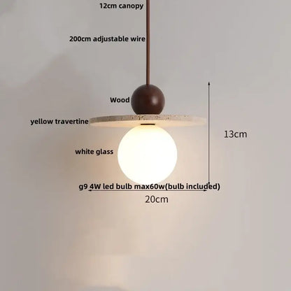 Modern pendant lamp by decorbites led pendant featuring dark wood sphere yellow travertine disc and white glass globe lighting