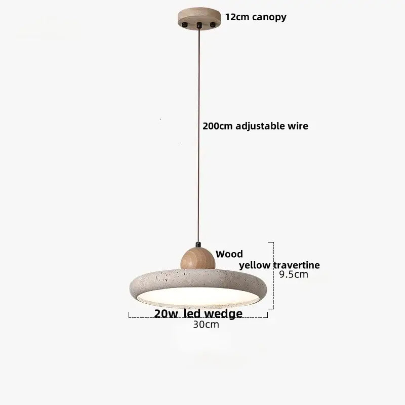 Decorbites led pendant lamp with 12cm wooden canopy and yellow travertine stone shade with wood accent