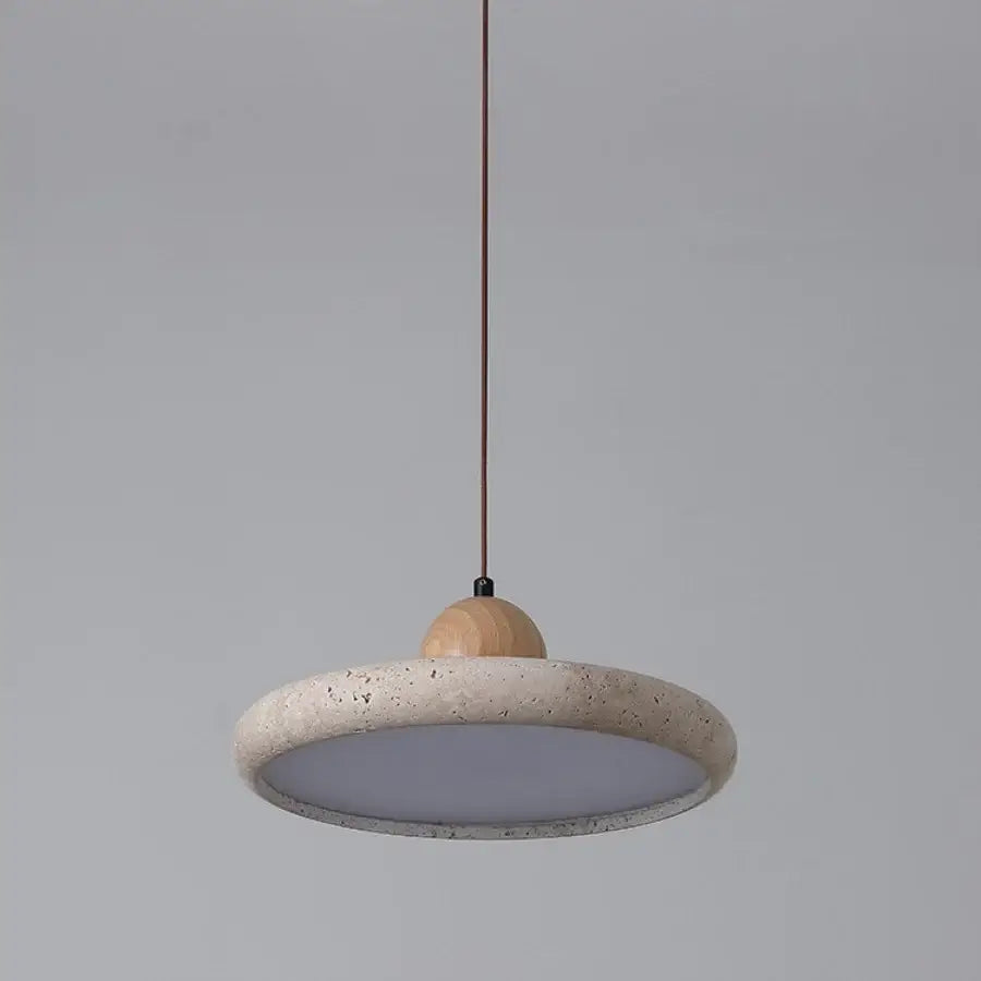 Minimalist decorbites led pendant lamp with off-white concrete ring and natural wood sphere suspended by brown cord