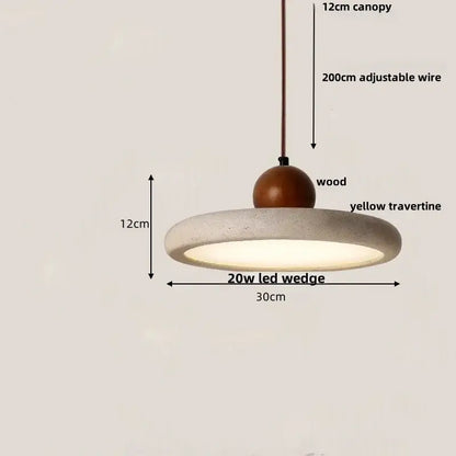 Decorbites led pendant lamp with wooden canopy and yellow travertine disc featuring integrated 20w led wedge
