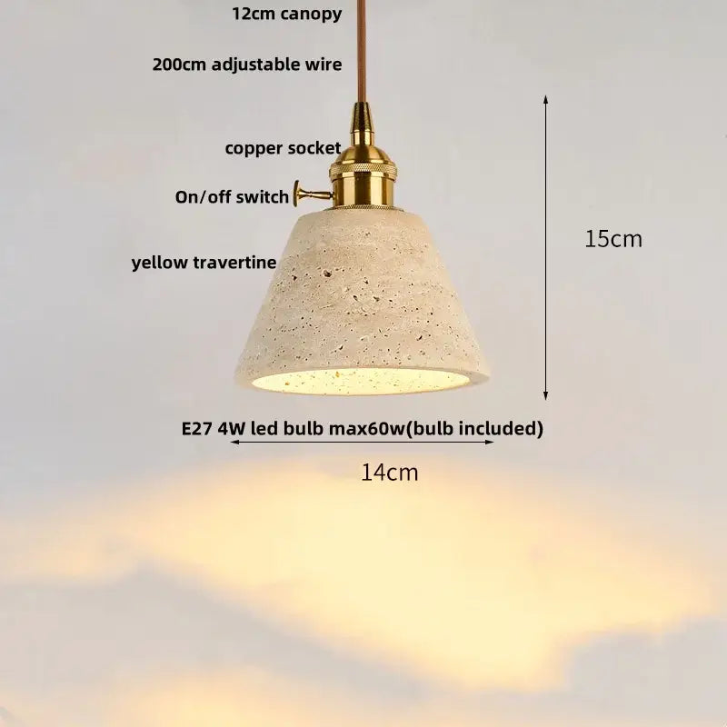 DecorBites led pendant lamp with yellow travertine shade and brass hardware in a warm-toned cone shape