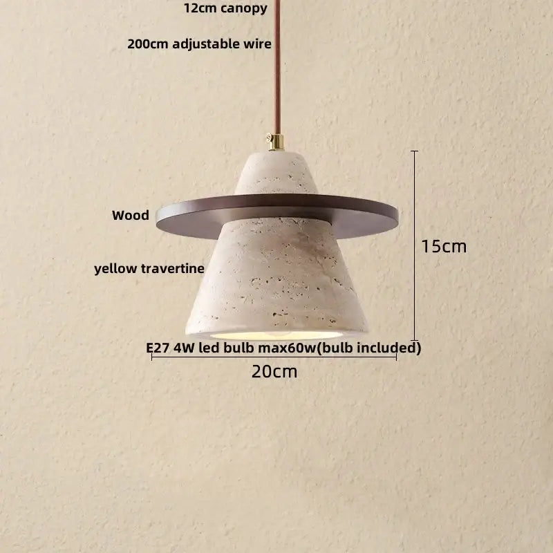 Decorbites led pendant lamp featuring a yellow travertine textured cone with dark wood ring and adjustable wire suspension