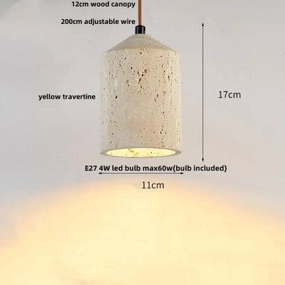 Cylindrical decorbites led pendant lamp with yellow travertine finish and adjustable 200cm wire featuring e27 led bulb