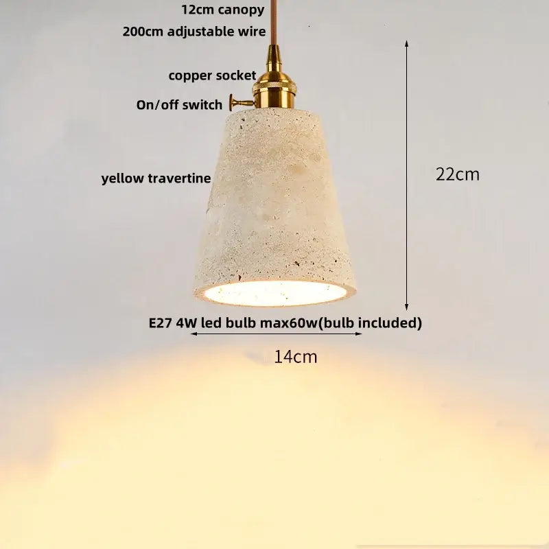 DecorBites LED pendant lamp in warm yellow travertine with brass-finished copper socket and switch for adjustable lighting