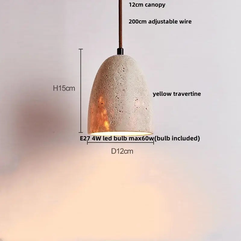 DecorBites led pendant lamp yellow travertine with warm tones textured surface 12cm canopy adjustable wire