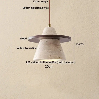 DecorBites led pendant lamp with yellow travertine cone and dark wood ring in a modern adjustable hanging design