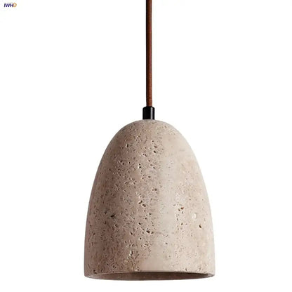 Beige concrete pendant lamp with textured yellow travertine surface and brown fabric cord by decorbites led pendant