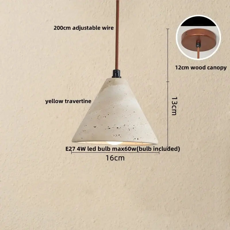 DecorBites led pendant lamp featuring a yellow travertine cone shape with textured finish and adjustable copper wire