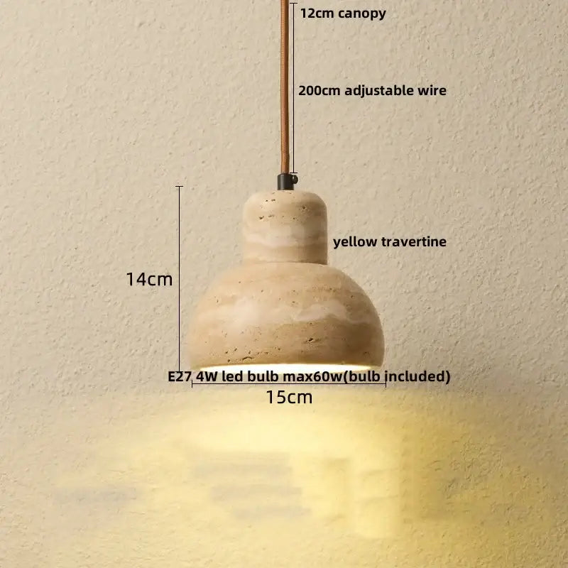 A warm-toned decorbites led pendant lamp with a 14cm yellow travertine shade and adjustable wire suspension