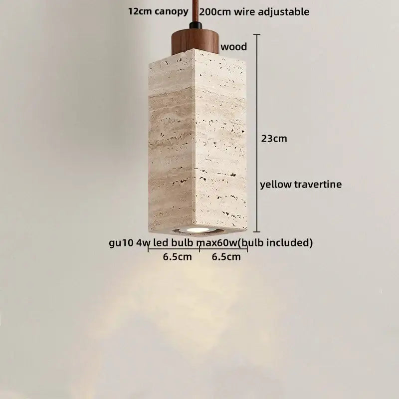 DecorBites™ LED pendant light featuring a rectangular yellow travertine stone body and wooden canopy with integrated gu10 bulb