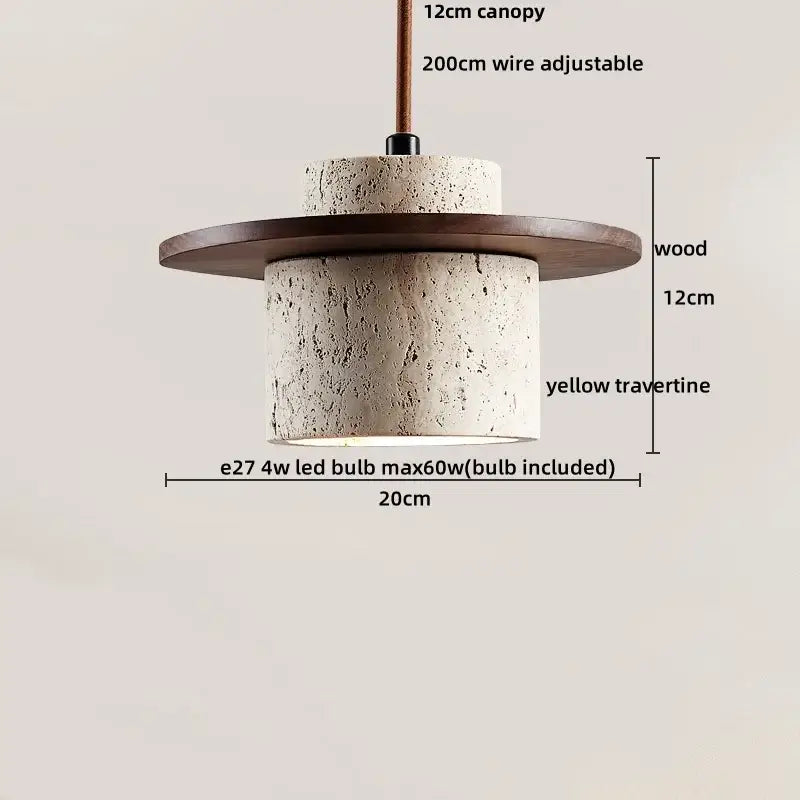 DecorBites™ rustic-style pendant light with textured yellow travertine stone shade and dark wood canopy suspension