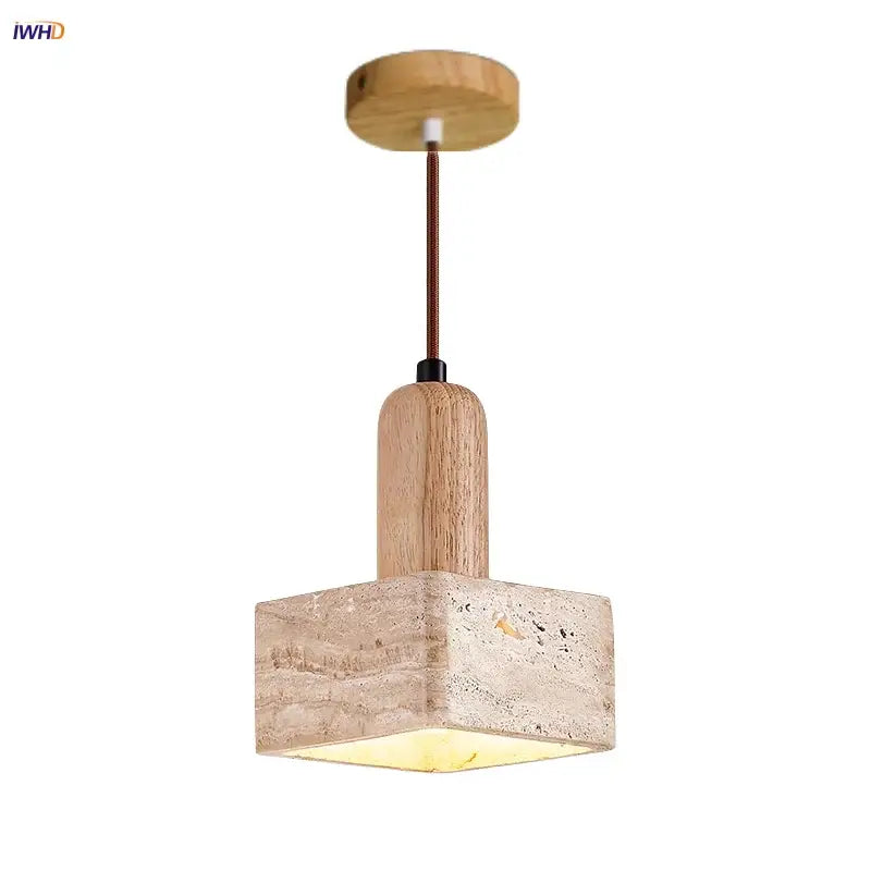 DecorBites™ pendant light with natural wood stem and textured yellow travertine stone shade for modern lighting
