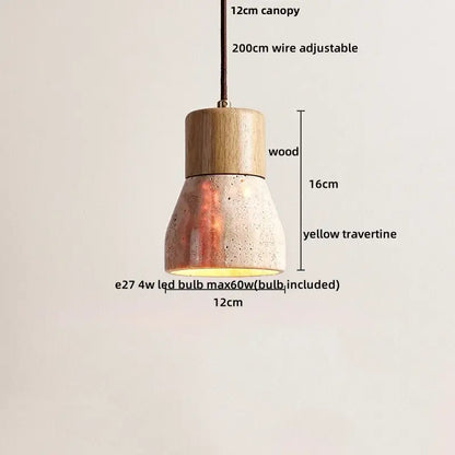 DecorBites LED pendant light with wooden canopy and textured yellow travertine stone shade in Nordic modern style