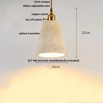 Decorbites led pendant light featuring warm yellow travertine stone with brass-finished copper socket and switch