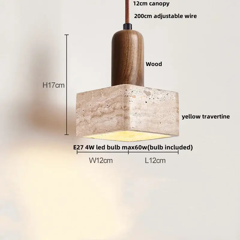 A modern pendant light with a warm wood canopy and square yellow travertine stone shade by DecorBites™
