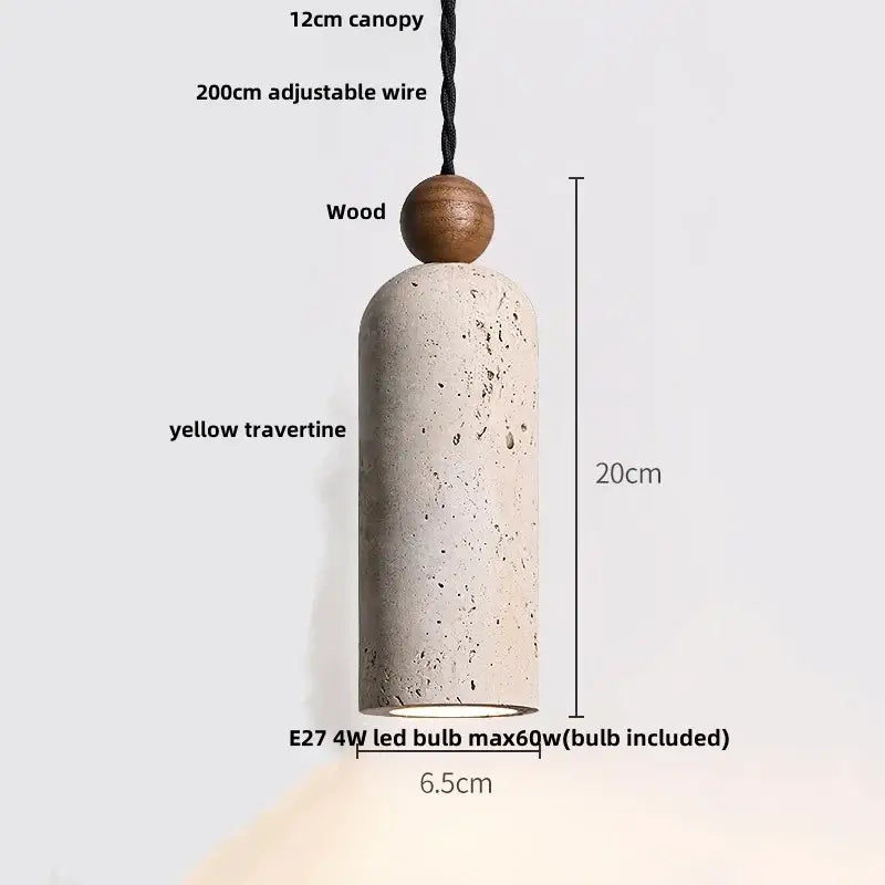 Decorbites led pendant lamp featuring a modern yellow travertine cylindrical body with wooden sphere and black wire suspension