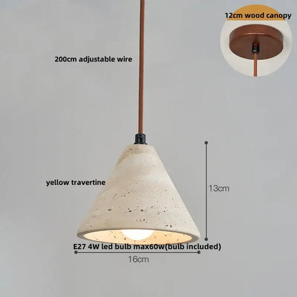 Decorbites led pendant lamp featuring a beige speckled yellow travertine cone with copper wire and wooden canopy