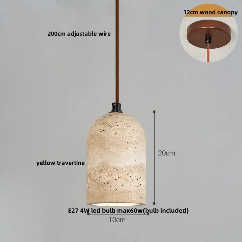 Decorbites led pendant yellow travertine pendant lamp with rustic wood design 20cm adjustable wire and copper canopy