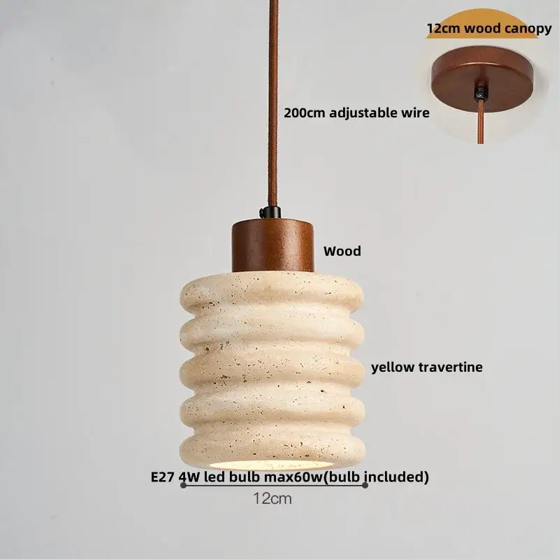 Decorbites led pendant lamp with stacked ribbed yellow travertine shade and warm brown wooden canopy