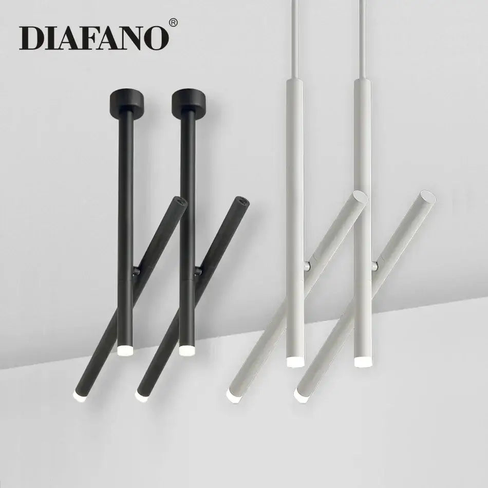 Modern minimalist DecorBites LED pendant light in black and white with adjustable cylindrical rods for living room use