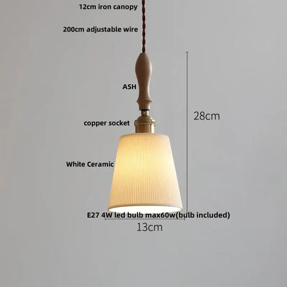Decorbites led pendant light with ash wood handle white ceramic ridged shade and 12cm iron canopy in warm tones